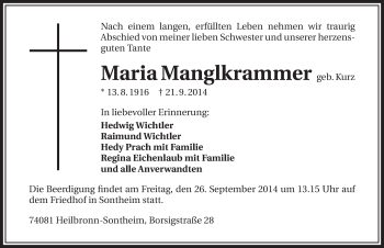 Traueranzeige von Maria Manglkrammer 
