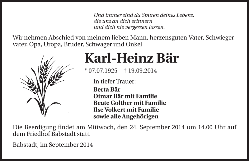  Traueranzeige für Karl-Heinz Bär vom 23.09.2014 aus 