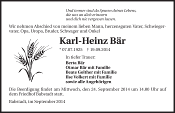 Traueranzeige von Karl-Heinz Bär 
