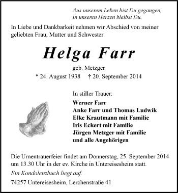 Traueranzeige von Helga Farr 