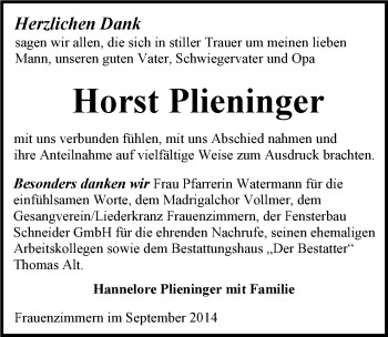 Traueranzeige von Horst Plieninger 