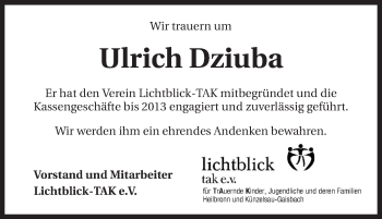 Traueranzeige von Ulrich Dziuba 