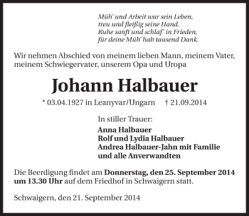 Traueranzeige von Johann Halbauer 