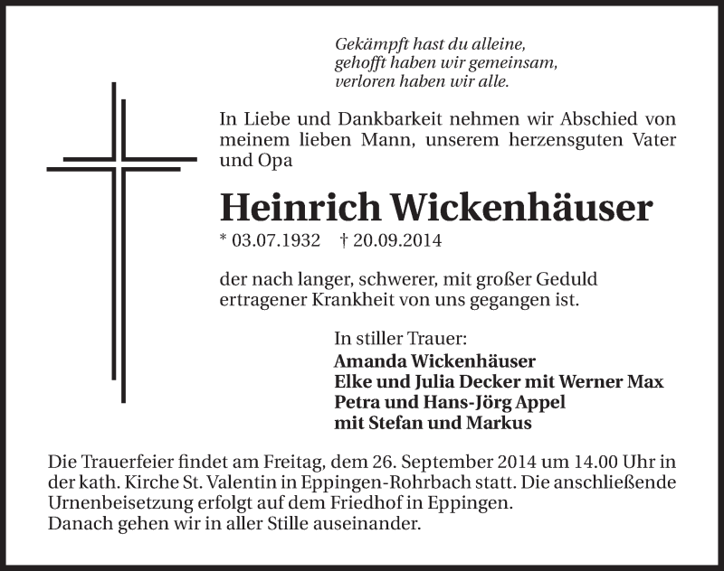  Traueranzeige für Heinrich Wickenhäuser vom 24.09.2014 aus 