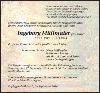 Traueranzeige von Ingeborg Müllmaier 