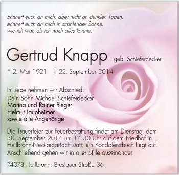 Traueranzeige von Gertrud Knapp 