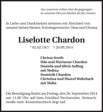 Traueranzeige von Lieselotte Chardon 