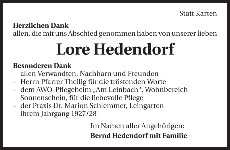  Traueranzeige für Lore Hedendorf vom 24.09.2014 aus 