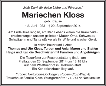 Traueranzeige von Mariechen Kloss 