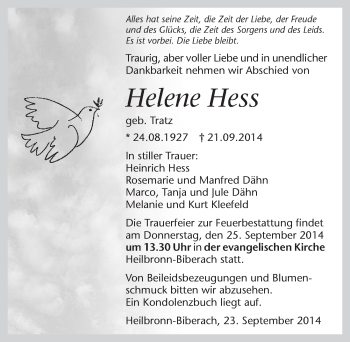Traueranzeige von Helene Hess 