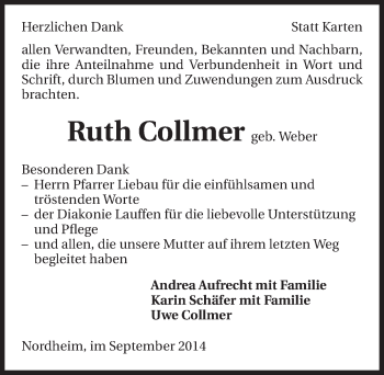 Traueranzeige von Ruth Collmer 