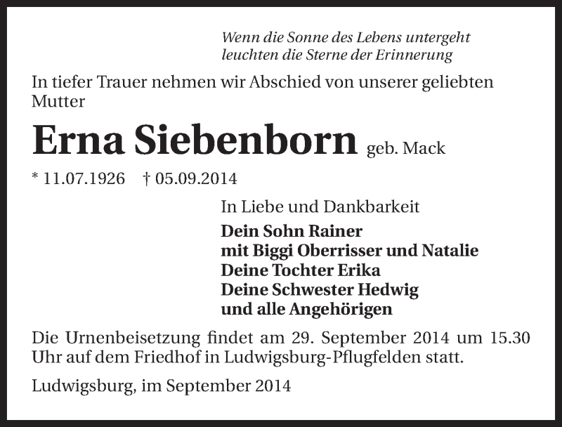  Traueranzeige für Erna Siebenborn vom 25.09.2014 aus 