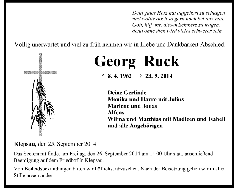  Traueranzeige für Georg Ruck vom 25.09.2014 aus 