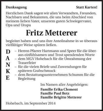 Traueranzeige von Fritz Metterer 