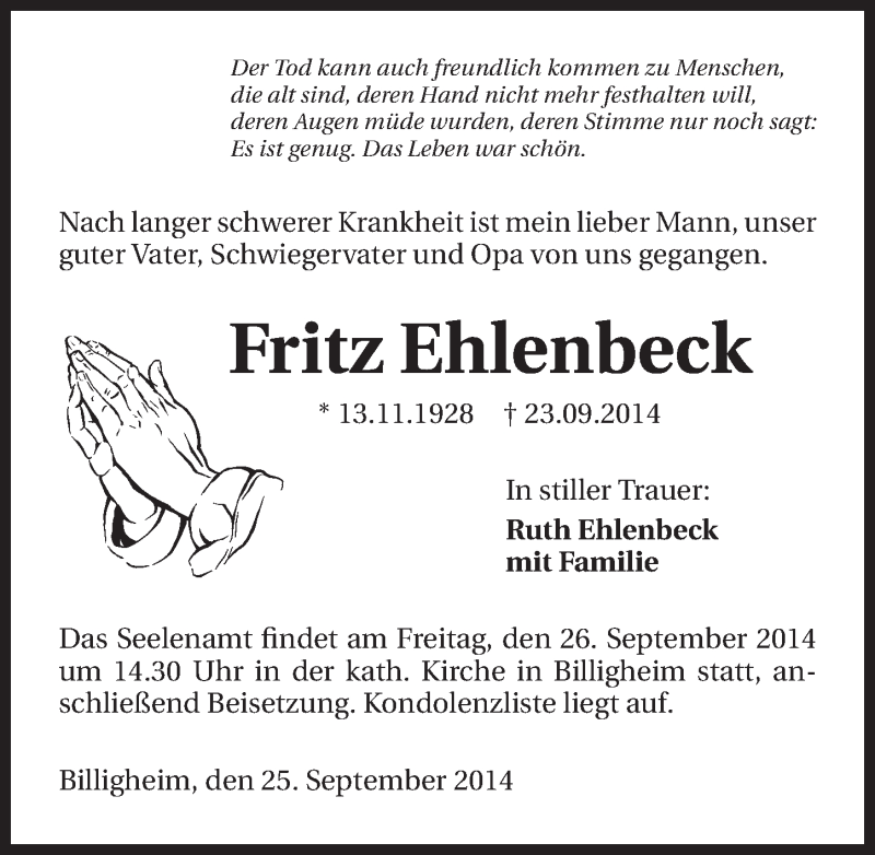  Traueranzeige für Fritz Ehlenbeck vom 25.09.2014 aus 