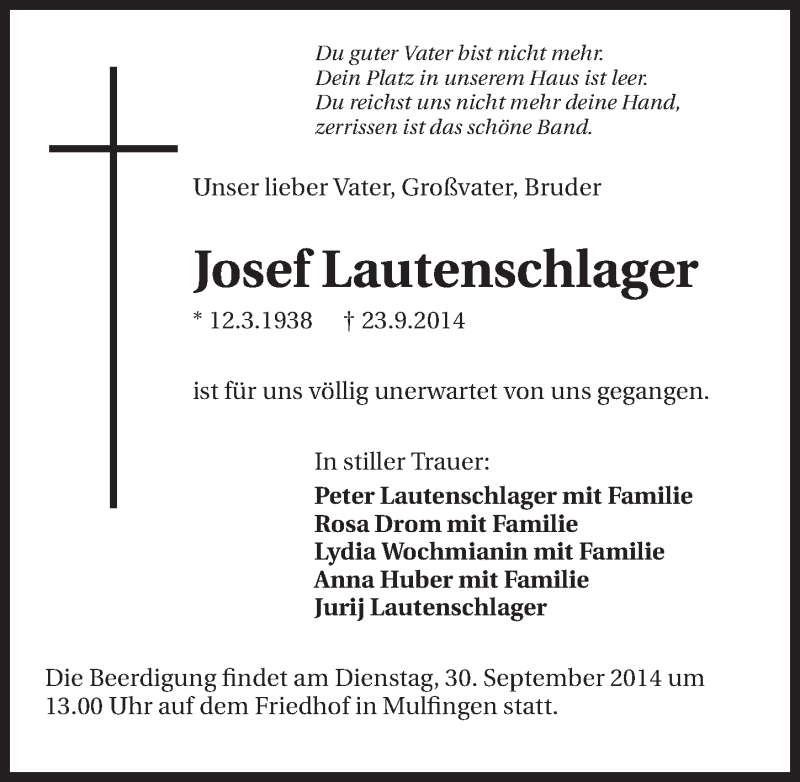  Traueranzeige für Josef Lautenschlager vom 26.09.2014 aus 