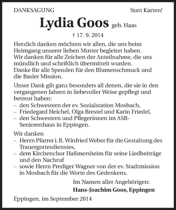 Traueranzeige von Lydia Goos 