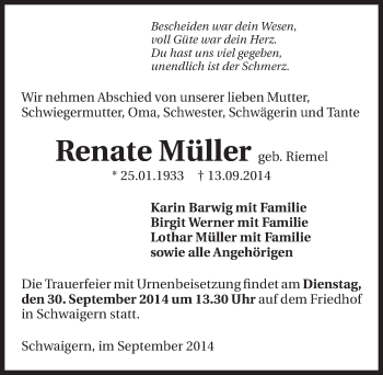 Traueranzeige von Renate Müller 