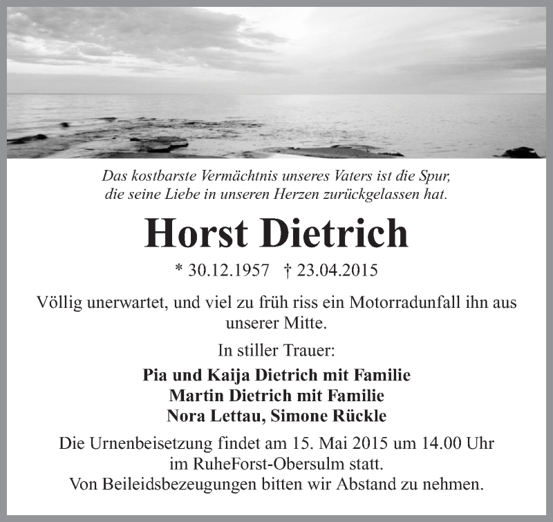  Traueranzeige für Horst Dietrich vom 13.05.2015 aus 