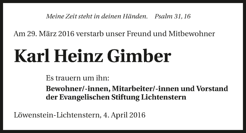  Traueranzeige für Karl Heinz Gimber vom 05.04.2016 aus 