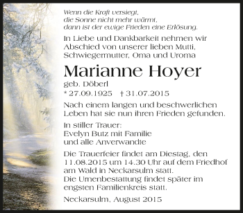 Traueranzeige von Marianne Hoyer 