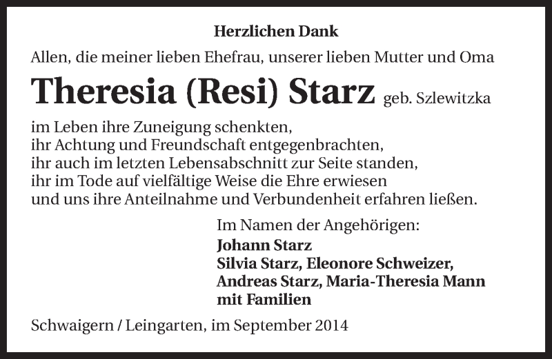  Traueranzeige für Theresia Starz vom 27.09.2014 aus 