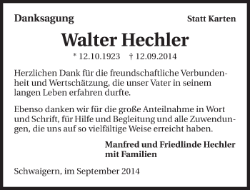Traueranzeige von Walter Hechler 