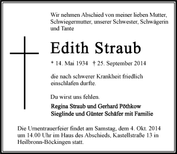 Traueranzeige von Edith Straub 
