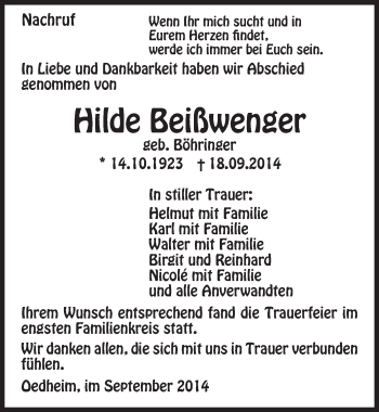 Traueranzeige von Hilde Beißwenger 