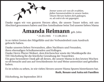 Traueranzeige von Amanda Reimann 