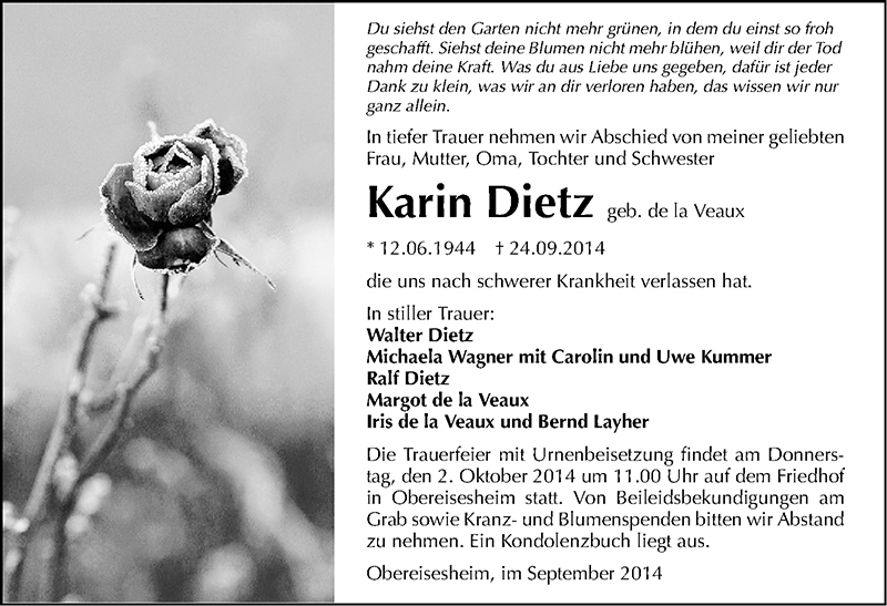  Traueranzeige für Karin Dietz vom 27.09.2014 aus 