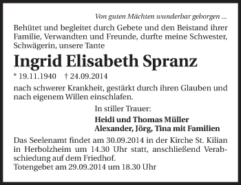 Traueranzeige von Ingrid Elisabeth Spranz 