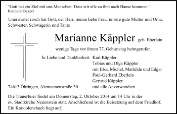 Traueranzeige von Marianne Käppler 