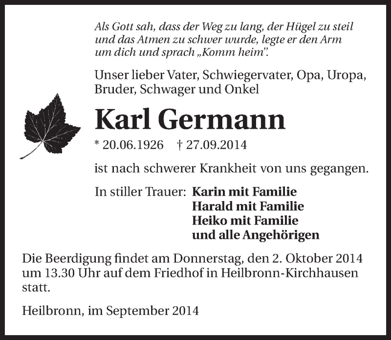  Traueranzeige für Karl Germann vom 30.09.2014 aus 