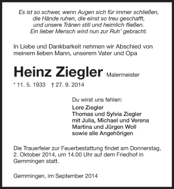 Traueranzeige von Heinz Ziegler 