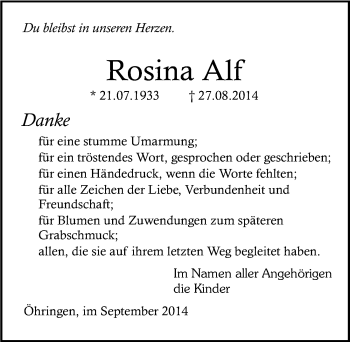 Traueranzeige von Rosina Alf 