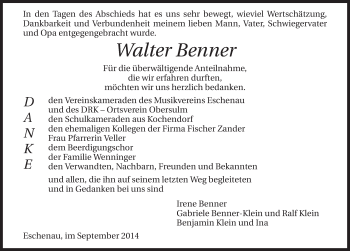 Traueranzeige von Walter Benner 