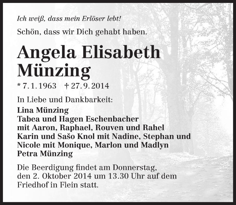  Traueranzeige für Angela Elisabeth Münzing vom 30.09.2014 aus 