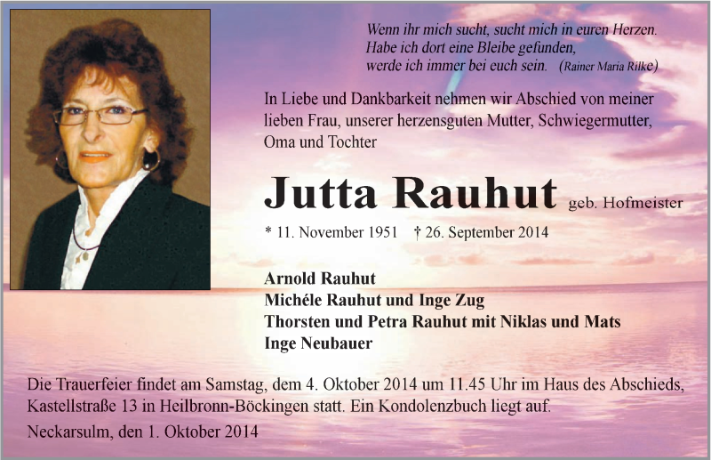  Traueranzeige für Jutta Rauhut vom 30.09.2014 aus 