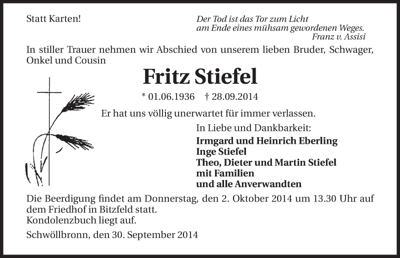  Traueranzeige für Fritz Stiefel vom 30.09.2014 aus 