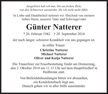 Traueranzeige von Günter Natterer 