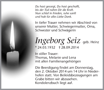 Traueranzeige von Ingeborg Seiz 