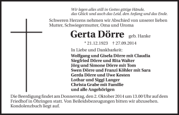 Traueranzeige von Gerta Dörre 