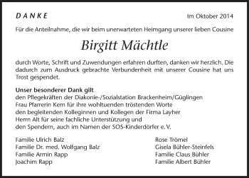 Traueranzeige von Birgitt Mächtle 