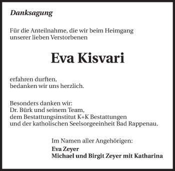 Traueranzeige von Eva Kisvari 