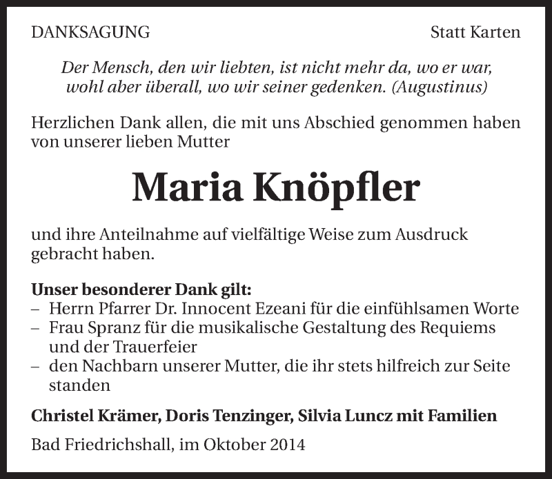  Traueranzeige für Maria Knöpfler vom 04.10.2014 aus 