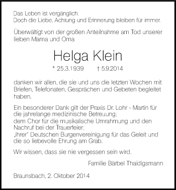 Traueranzeige von Helga Klein 