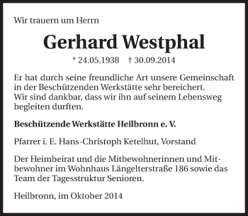 Traueranzeige von Gerhard Westphal 