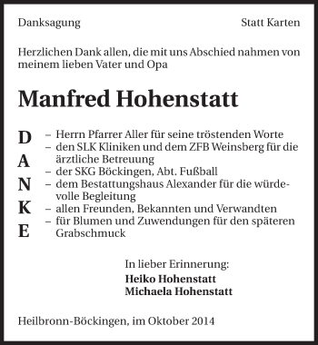 Traueranzeige von Manfred Hohenstatt 