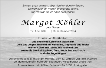 Traueranzeige von Margot Köhler 
